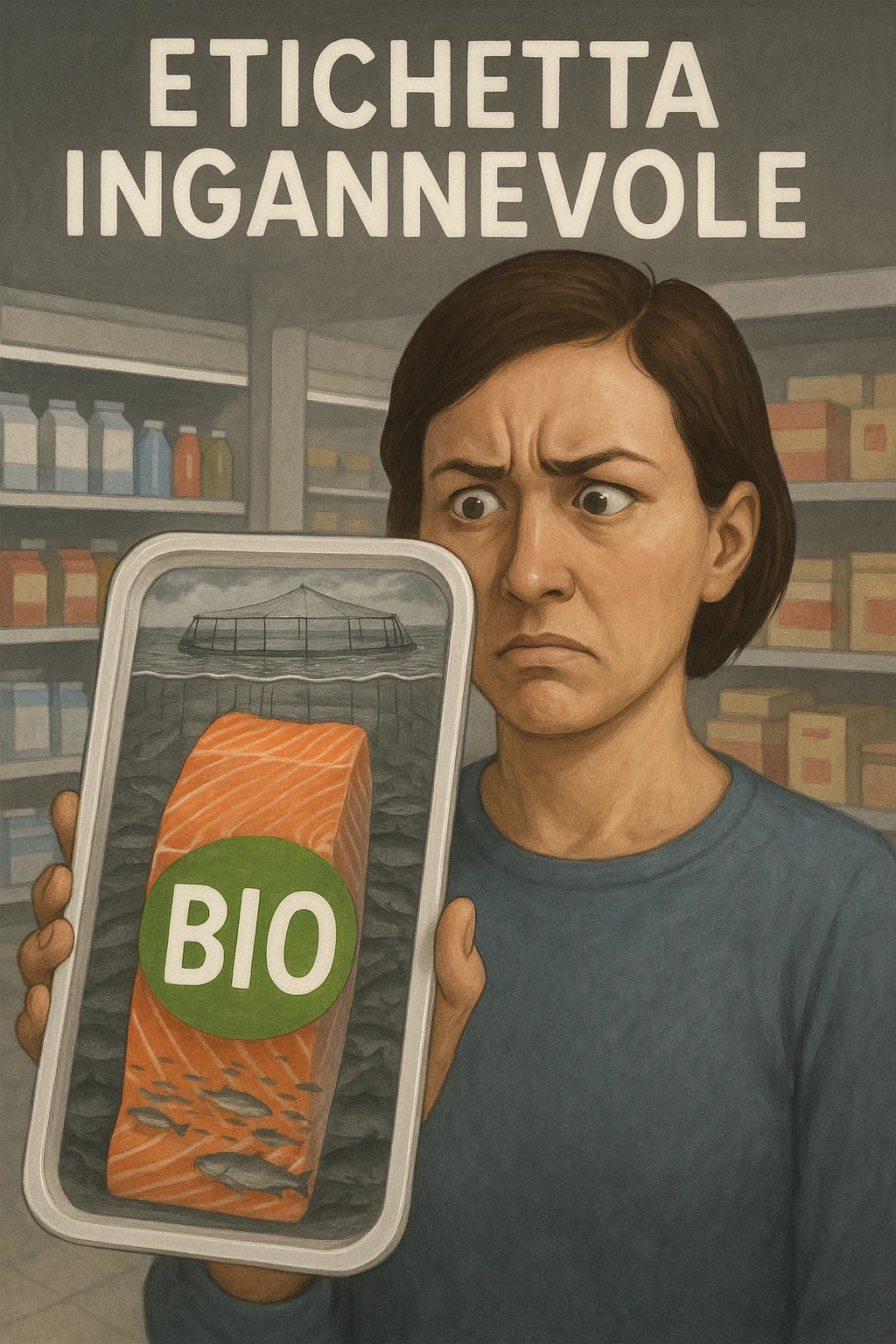 Scena in un supermercato moderno: uomo o donna tiene in mano una confezione di salmone etichettata 'BIO', con un grande bollino verde. Ma in trasparenza, dietro l’etichetta, si intravede un allevamento intensivo di salmoni in gabbie marine, acqua torbida e pesci ammassati. Espressione del cliente confusa e sospettosa. Sopra la testa, testo simbolico fluttuante: 'Etichetta ingannevole'. Colori contrastanti: confezione brillante ma realtà di fondo grigia e artificiale. Stile realistico con elementi simbolici forti realistico emoji