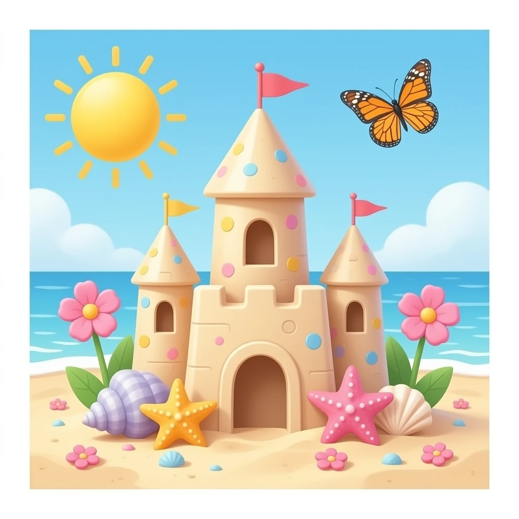 Cute pastel sandcastle on a beach, decorated with seashells, starfish, pink flowers, and a butterfly, whimsical fantasy style emoji
