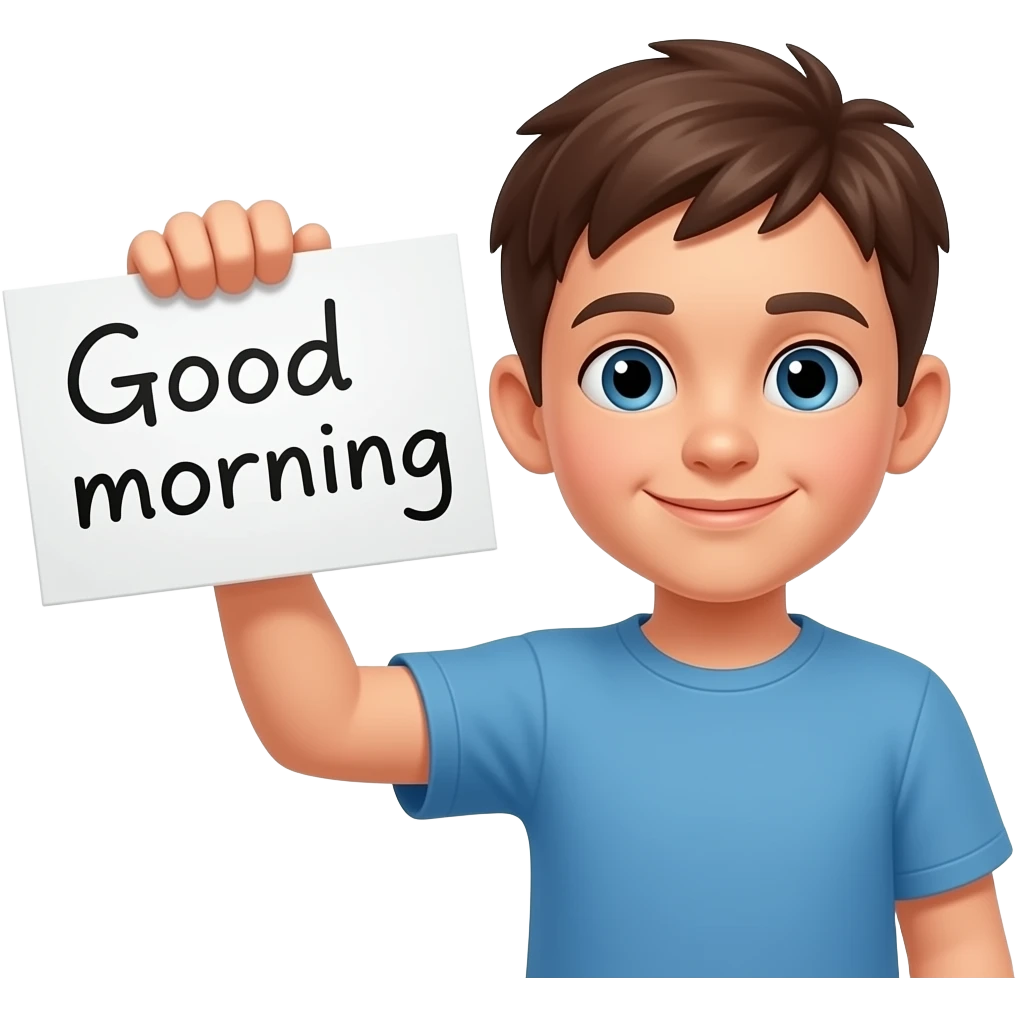 Boy holds up sign with the text Good morning emoji