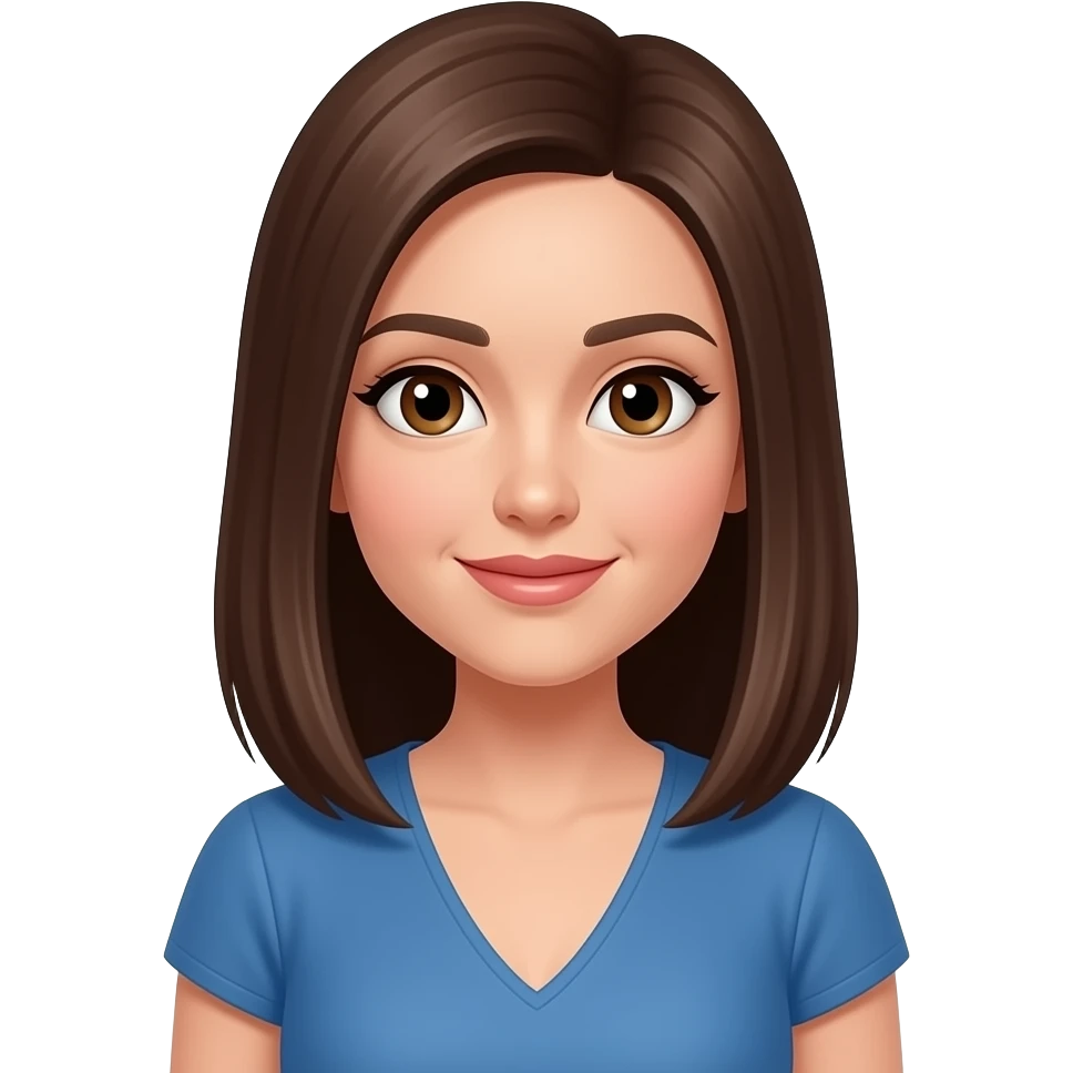 femme, cheveux mi-longs bruns lisses, yeux bruns, en robe bleue emoji