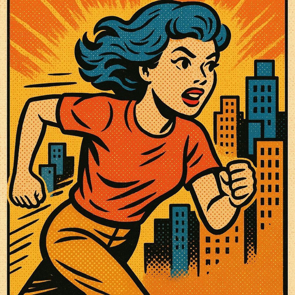 Woman with blue hair running in a city emoji