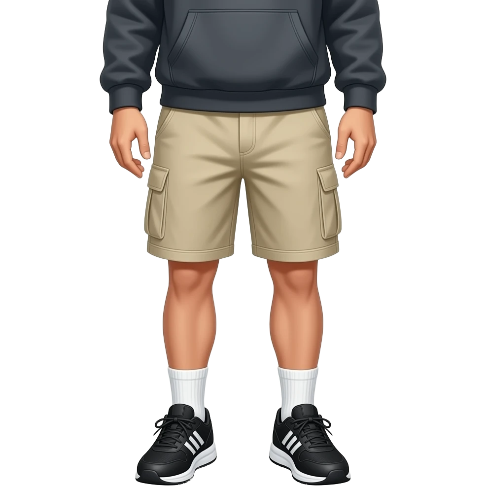 black running shoes with white socks, bare legs, beige cargo shorts and a dark grey open sweatervest from the waist down emoji
