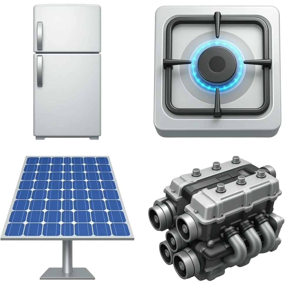 Collage of fridge, Gas burner, Solar panel, car engine emoji
