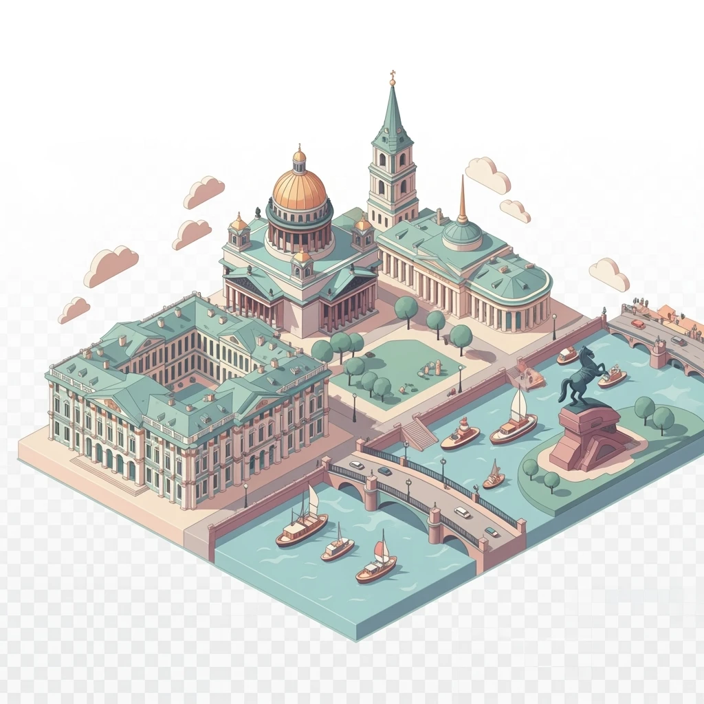 Isometric illustration of Saint Petersburg with the Saint Isaac’s Cathedral, the photorealistic Winter Palace, and the Bronze Horseman statue, toy boats and bridges, in pastel miniature diorama style, transparent background emoji