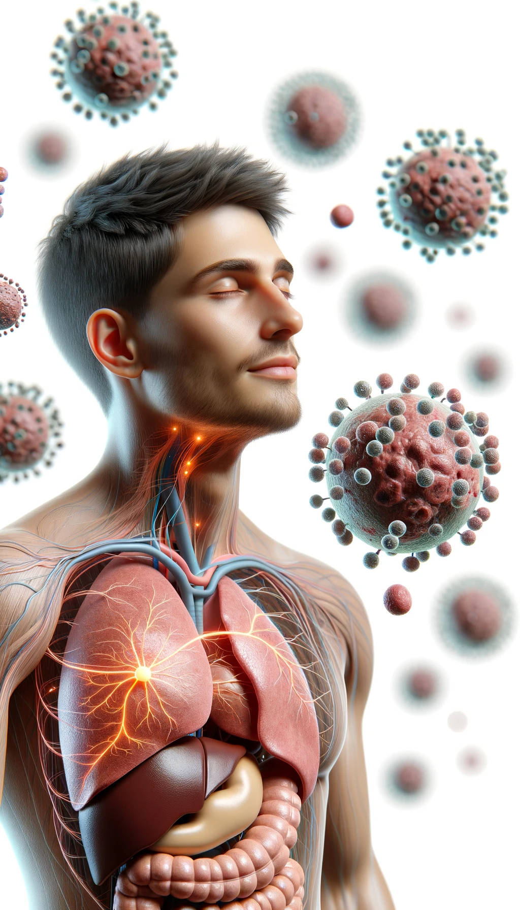 corpo umano anatomico con capelli corti e gli occhi chiusi, intorno a lui fluttuano cellule, fegato in evidenza, ha l'espressione rilassata, visto dal fianco iperrealistica 4k, isolato su sfondo bianco emoji