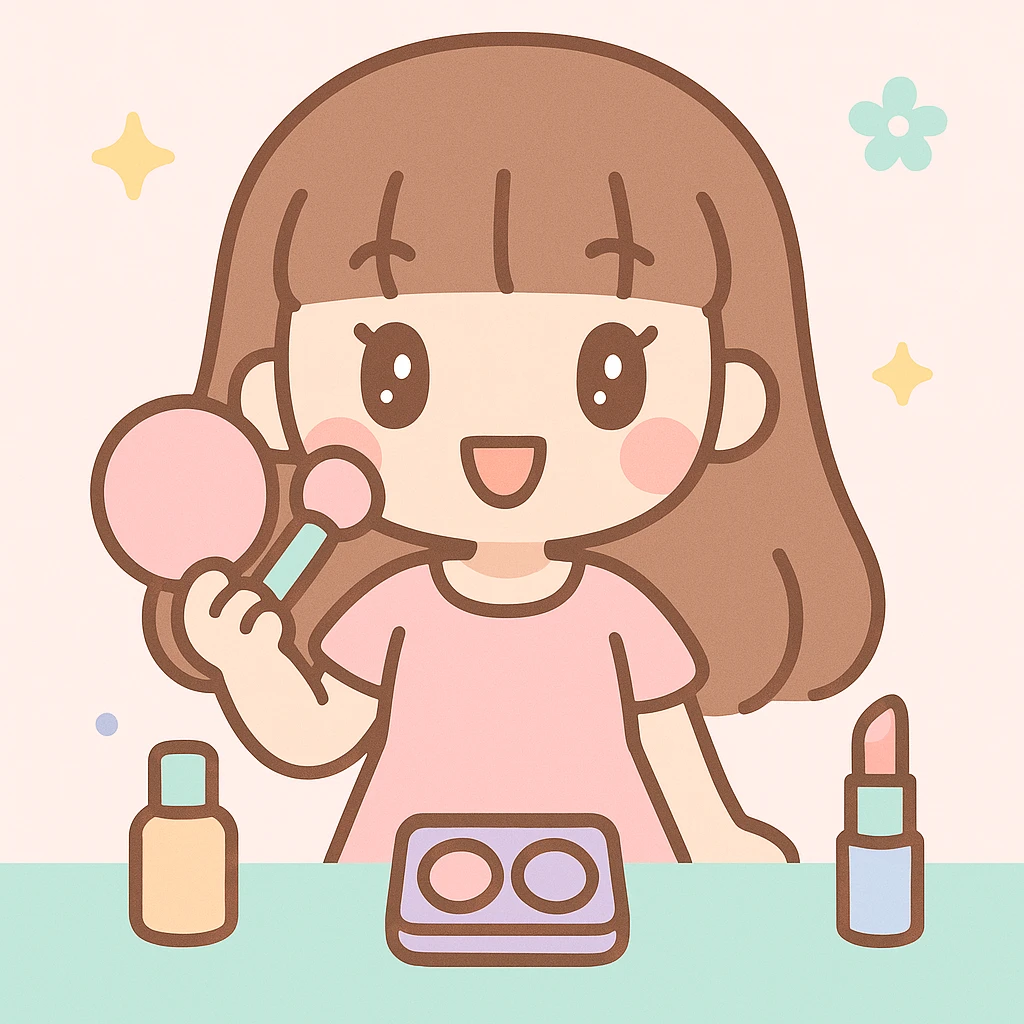 girl with brown hair in a hime cut, wearing a light pink dress, doing makeup, cute and expressive emoji