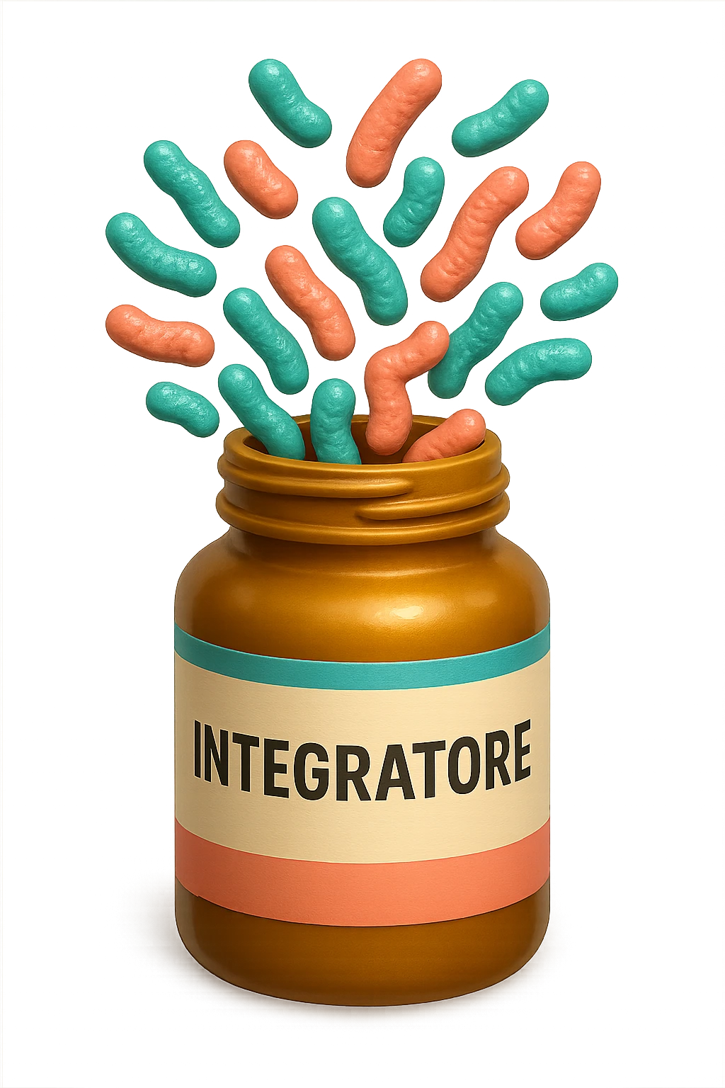 EMOJI STILE IPHONE DI boccetta di integratore con la scritta "INTEGRATORE" SULL'ETICHETTA, con batteri intestinali turchesi e rosa salmone che escono, IPERREALISTICO 4K emoji