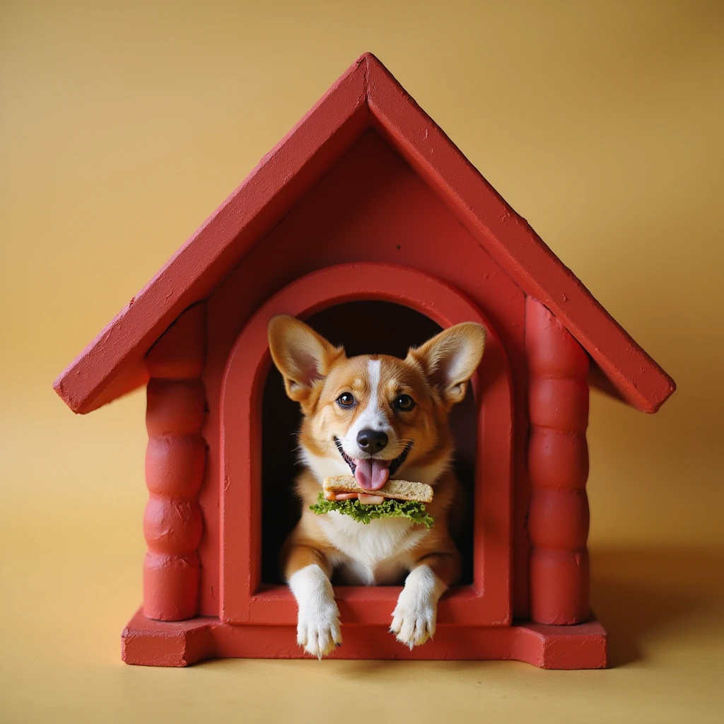 realistic red dog house with a Corgi dog inside, Corgi with a sandwich, photorealistic style emoji