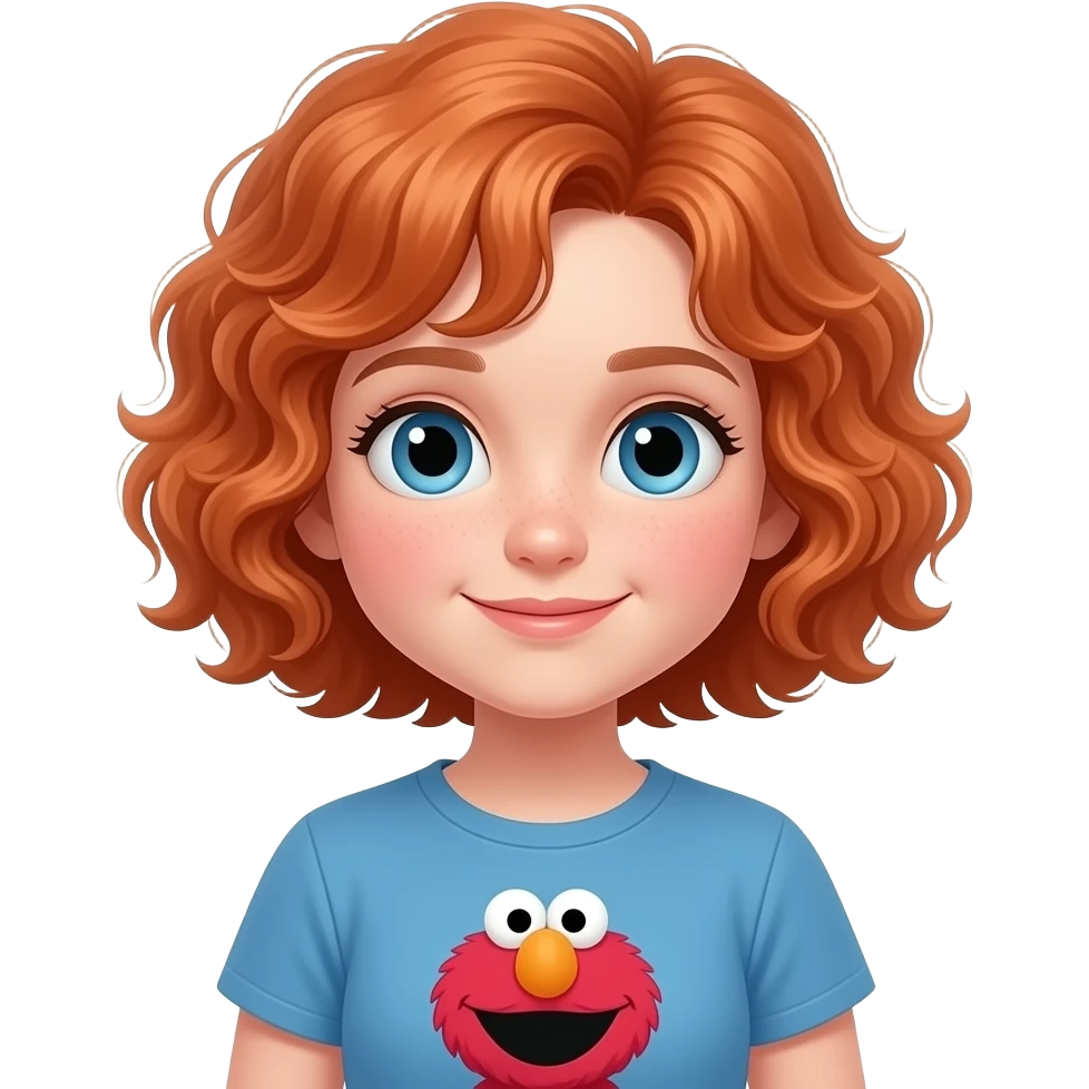 cute little girl with light red hair really short curly hair 13 years old blue eyes elmo shirt emoji