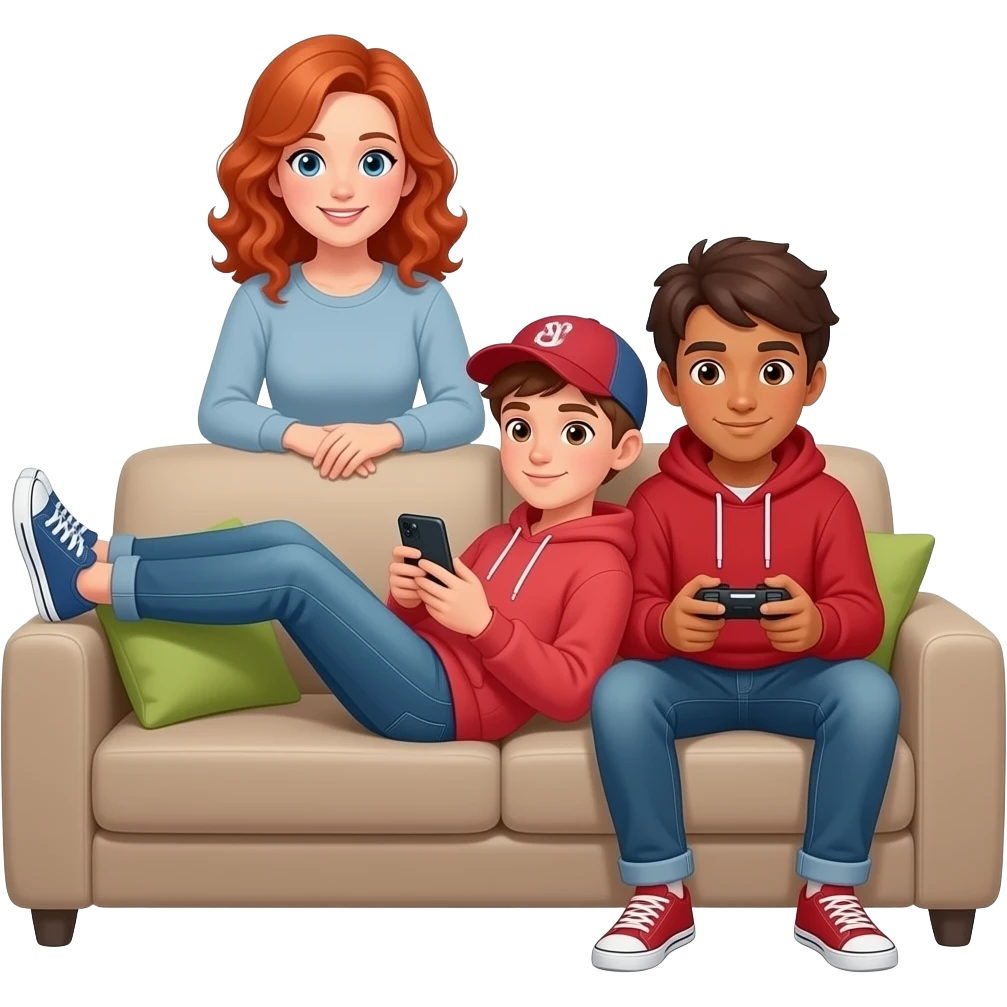 A brown-haired teenager with a cell phone sits sideways on the couch with his feet up, wearing a cap, sweatshirt, and jeans. Another teenager sits on the couch playing video games, wearing a hoodie. A brown-haired, tan-skinned father and a red-haired, curly-haired mother watch from behind the couch emoji