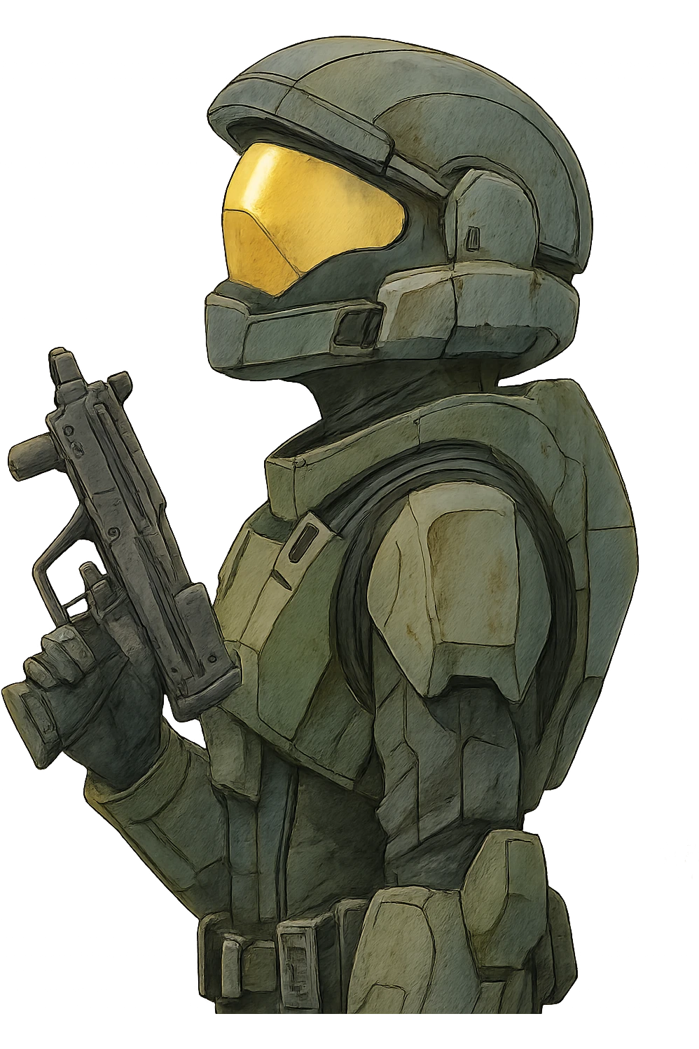 A female odst, right shoulder profile, helmet on, looking up to the sky, holding their trademark suppressed smg at ease emoji