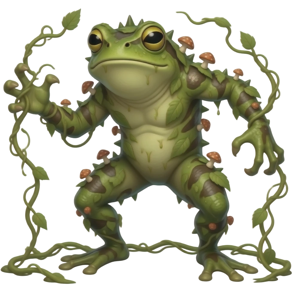 Mosskip A frog-like plant creature with spiky vine markings and damp green skin. it is dry, and is covered in leaves and mushrooms. attacks with whipping vines emoji