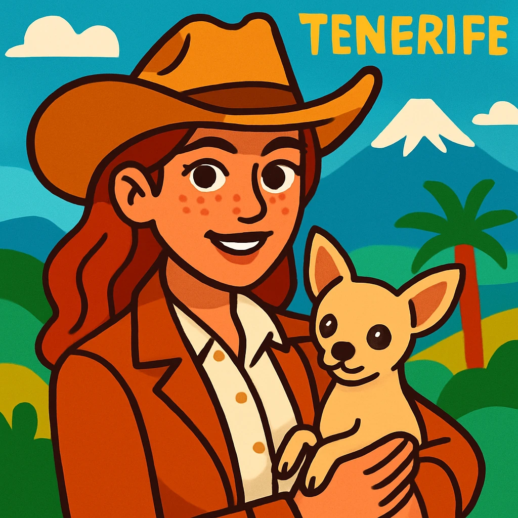portrait of a cowgirl woman wearing a cream shirt and cognac jacket, freckles, tanned skin, hazel eyes, auburn hair, holding a beige chihuahua in her arms, blurred background of Tenerife, cartoon style emoji