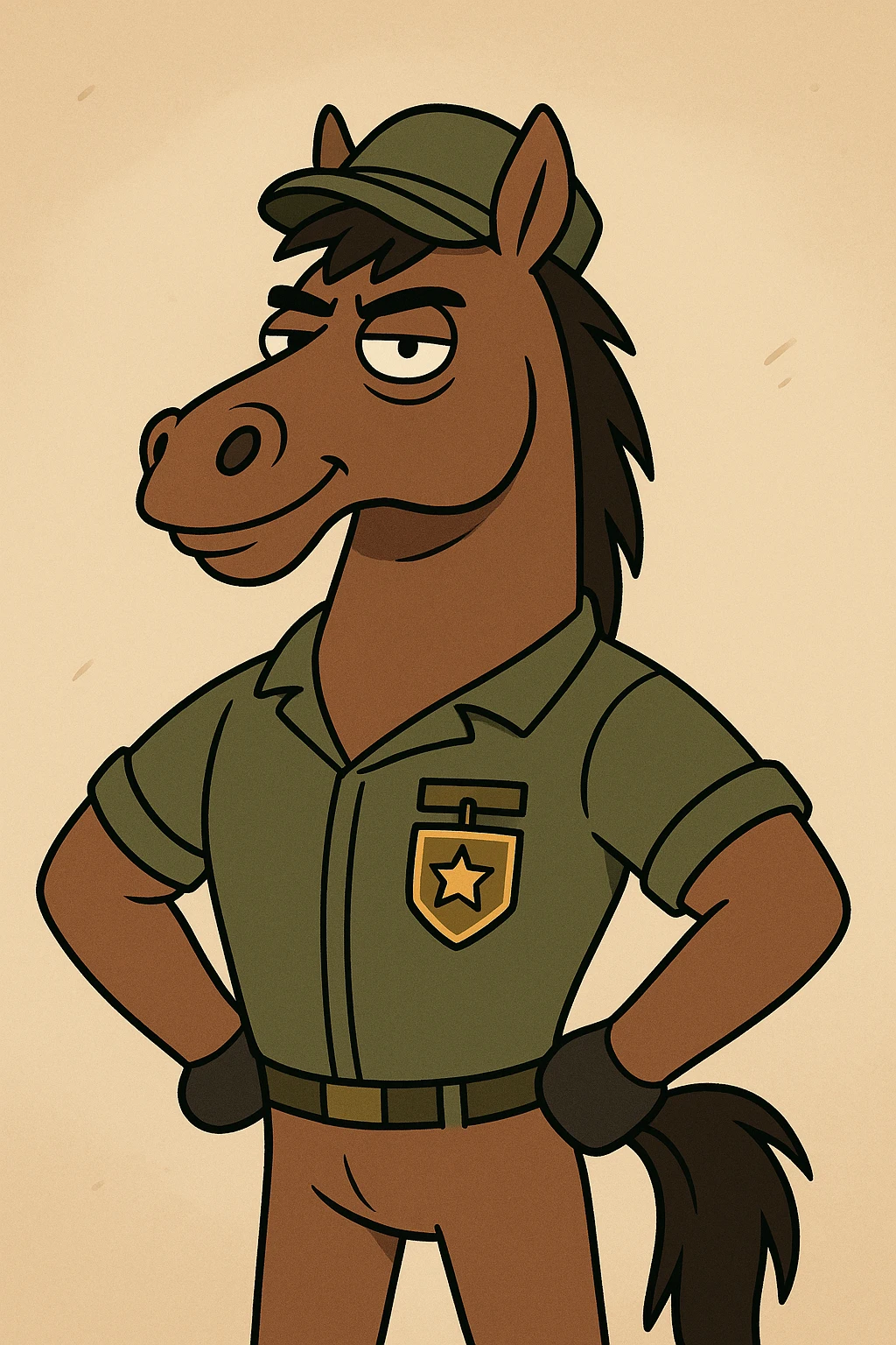 brown horse with an army vibe, cartoon style, standing proudly with a military badge emoji