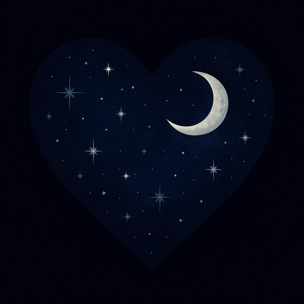 a heart in a midnight color palette with deep blue and black, subtle stars and a moon motif emoji