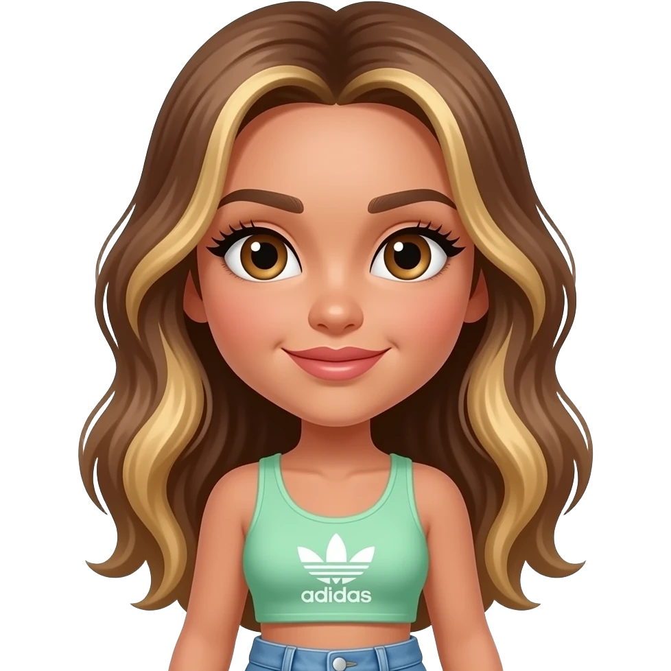 preppy teenage girl, tan, blonde highlights, brown long hair, long eyelashes, beach aesthetic, wearing cute clothes, sexy, wearing ripped blue long baggy jeans with a pastel green revealing crop top, wearing Somba Adidas emoji