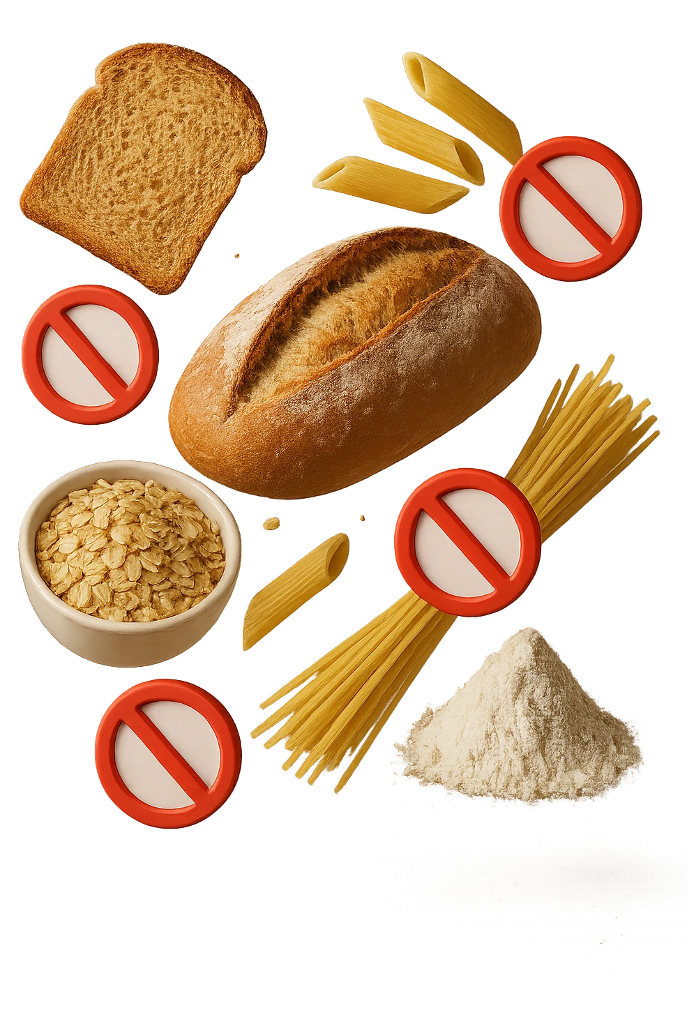 cereali, pane, pasta e farine realistici fluttuano in aria con piccoli divieti 3d, IPERREALISTICO 4K emoji