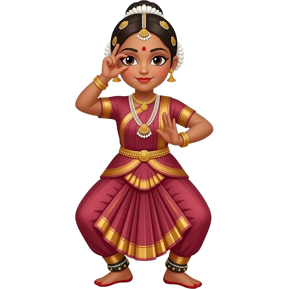 Light brown skin girl in a bharatnataym dress with actual bharatnatayam pose full body in aramundi RIHT hand doing kartarimukham  close to right eye and left hand doing alapadmam emoji