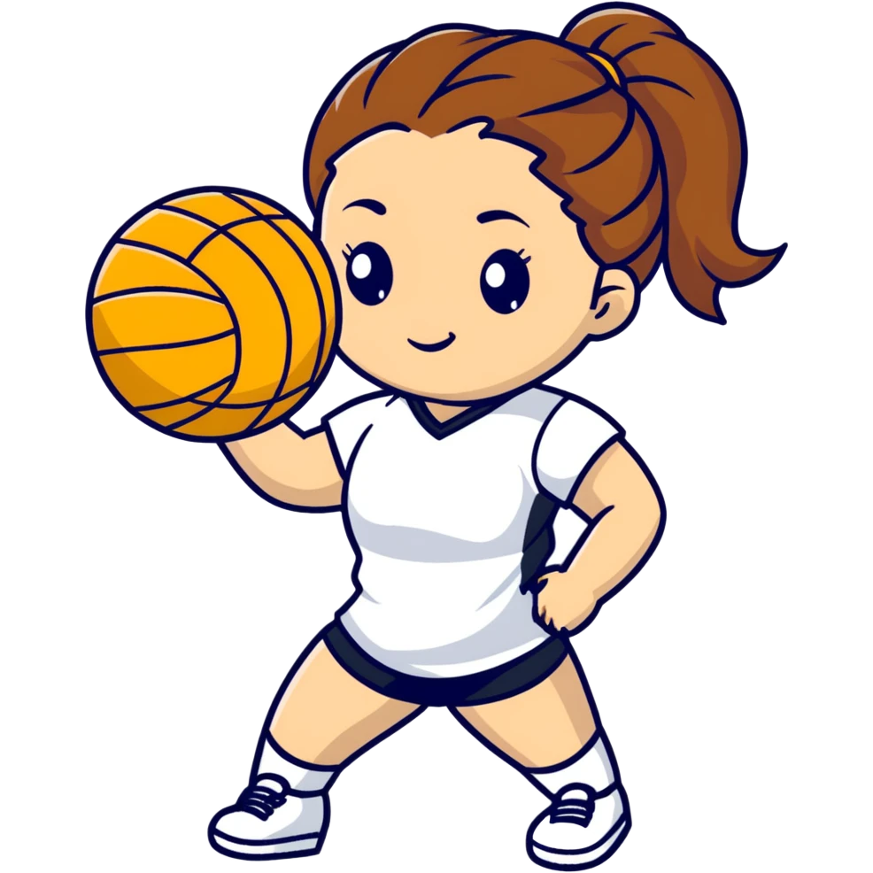 A girl with a brown pony braid holding a volleyball that looks cool emoji