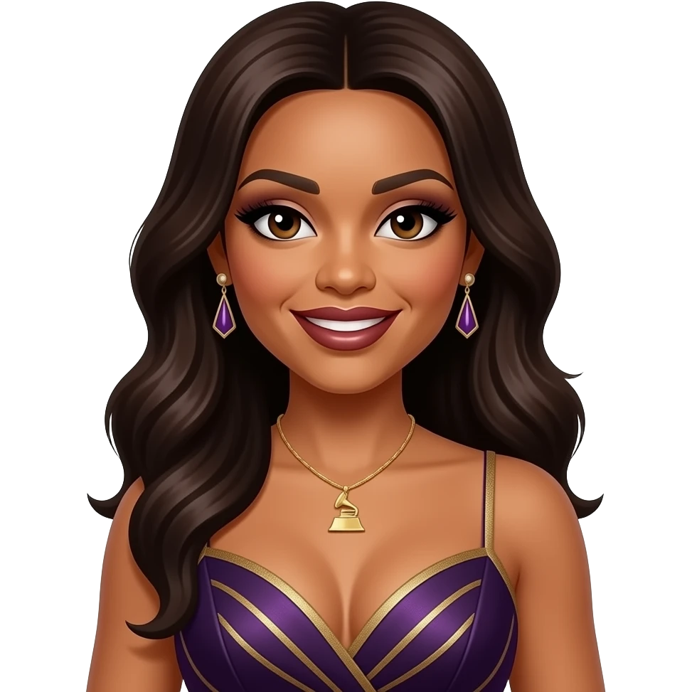 Leanne "Lelee" Lyons from SWV with dark brown eyes, long dark brown hair, dark brown eyeshadow and lipstick, dark purple and gold grammy dress, necklace and earrings emoji