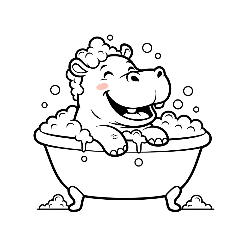 vector art with outline of happy hippo with bubbles in bathtub emoji