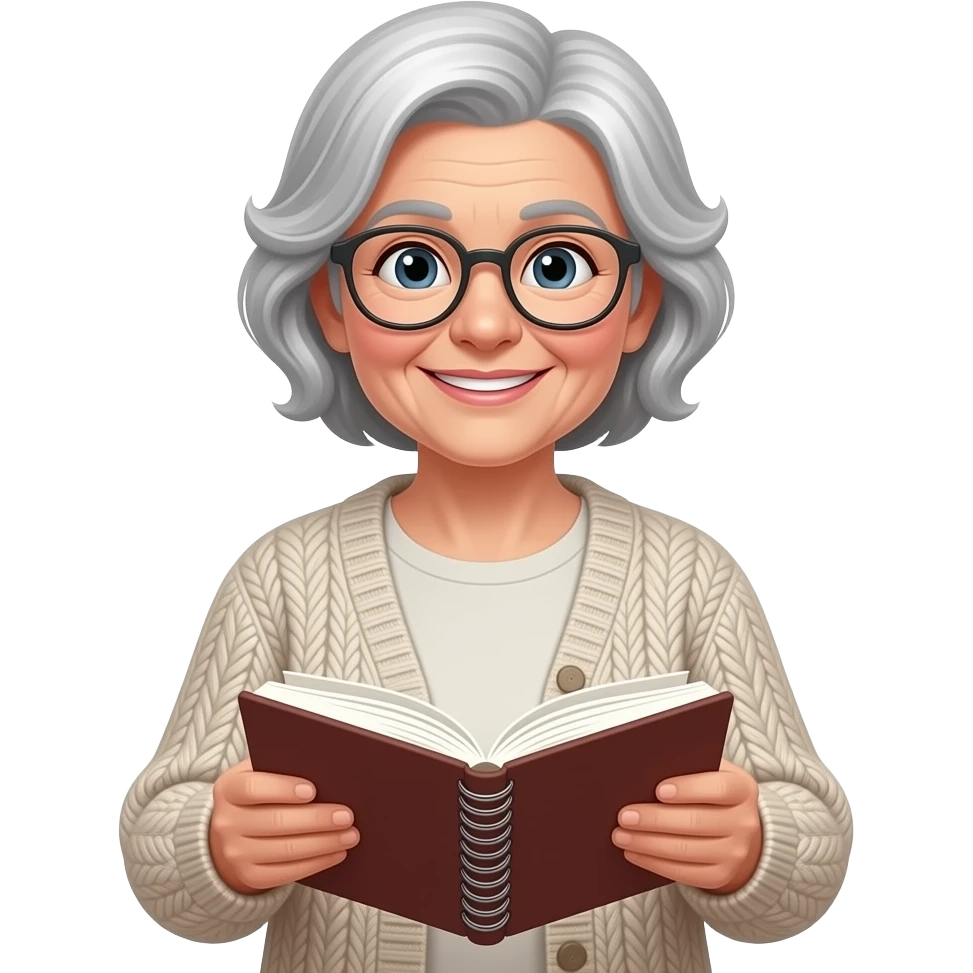 old grandma holding and showing Notebook emoji