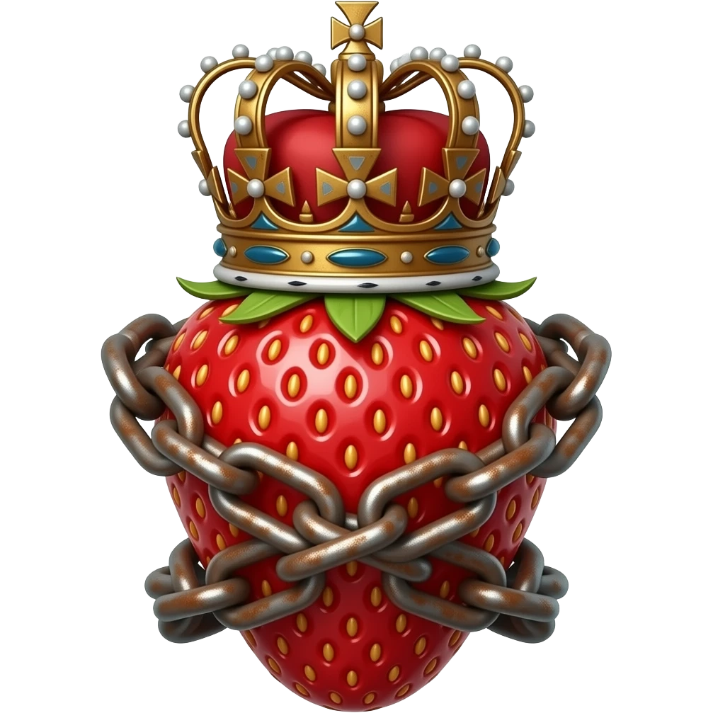 a strawberry made of steel with a rusty, richly decorated English royal crown on top that is flaming. An oversized rusty chain is wrapped around the strawberry's body and is spinning around its body emoji