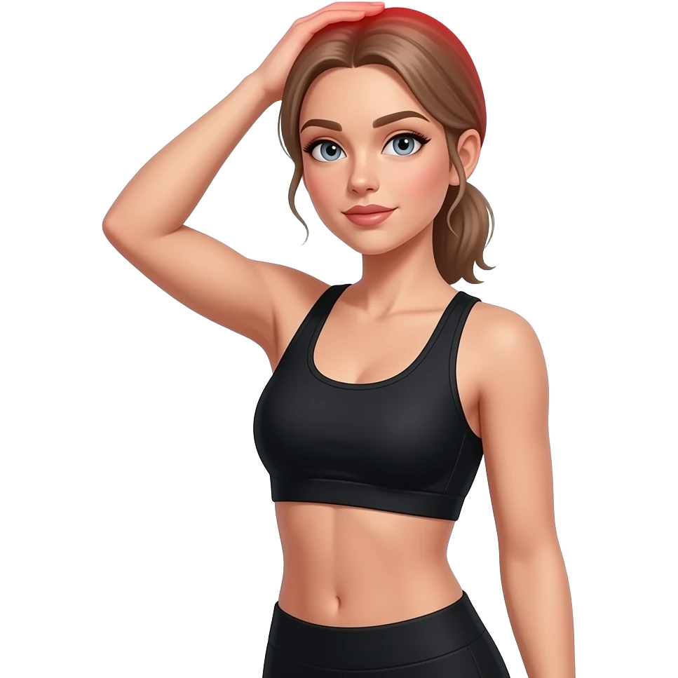 fair-skinned woman, gray-blue eyes, ash brown brows, ash light brown hair tied back, slim athletic body, black workout set, holding her head with one hand, soft red glow on head, white background emoji