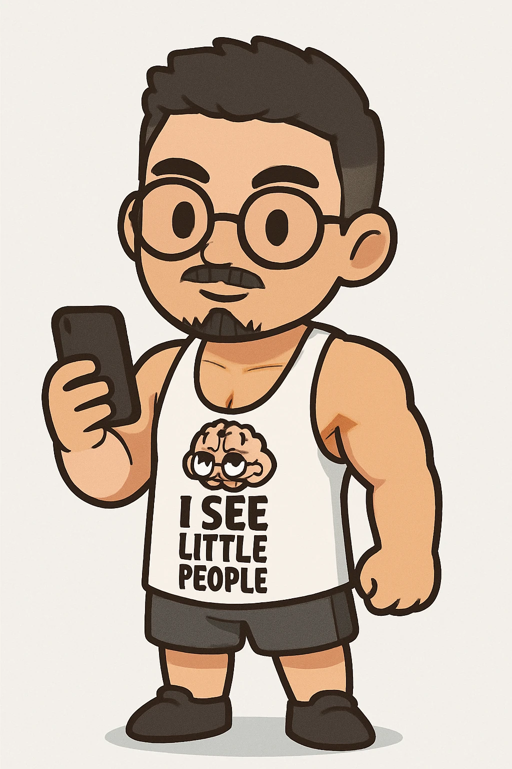 Full body illustration of a young, strong man with short dark hair, round glasses, a mustache and thin goatee, wearing a white gym tank top. Style is cute, cartoon, simplified, with bold black lines and soft colors, matching the chibi stickers style. emoji