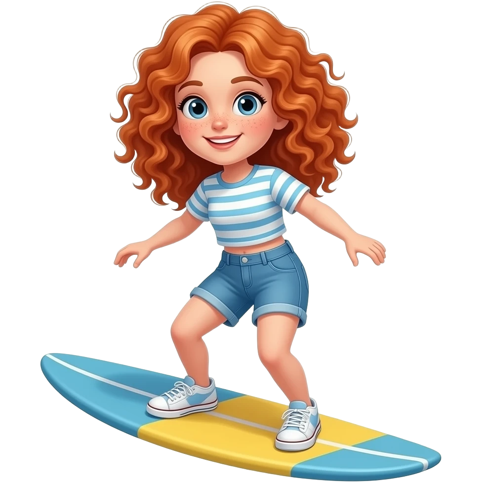 Fille rousse bouclés tâches de rousseur surf emoji