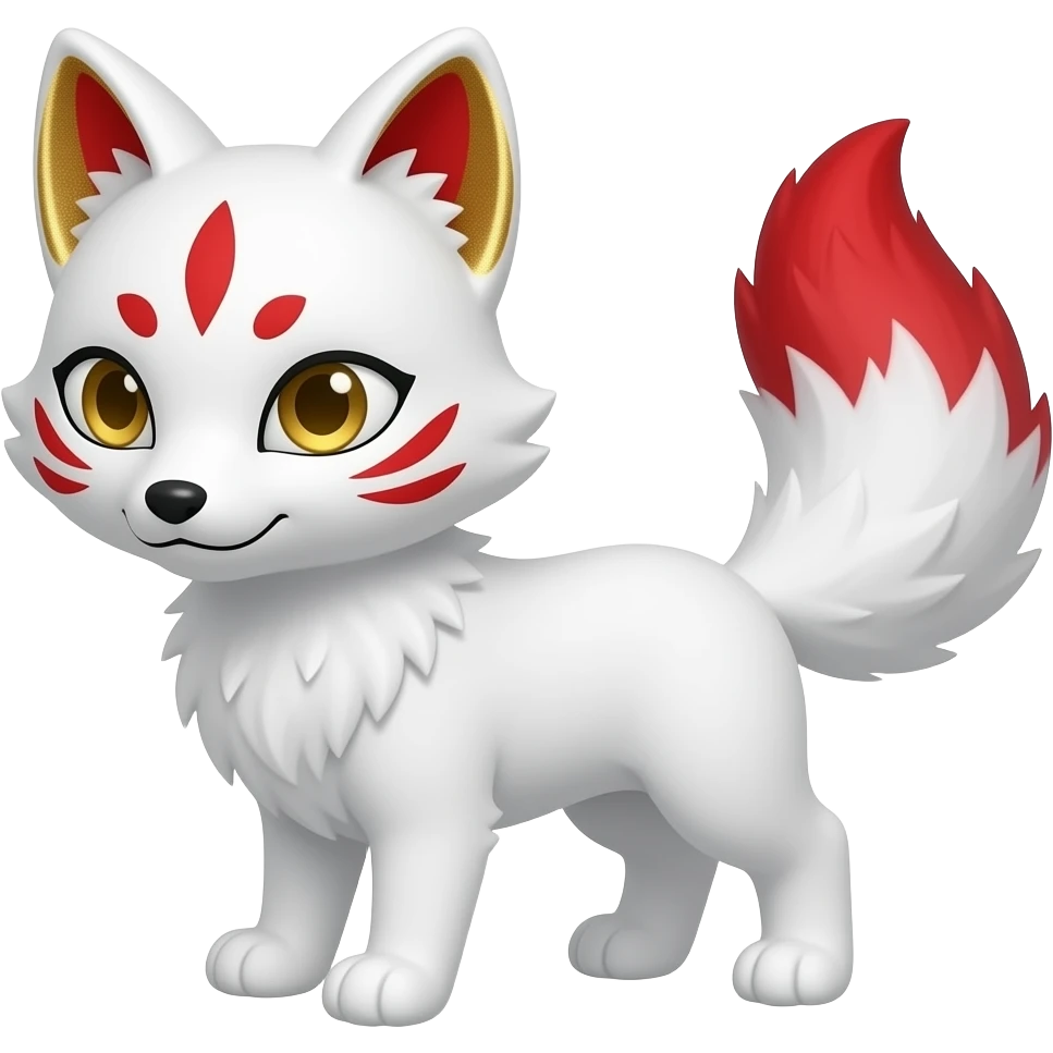 A pure white one-tailed kitsune (fox form,) with red accents, (one on each cheek, two each over its eyes and a single one on its forehead,) red on the insides of its ears, with gold markings inside of its ears,) and pale golden eyes. Pure white paws and a red tail tip. emoji