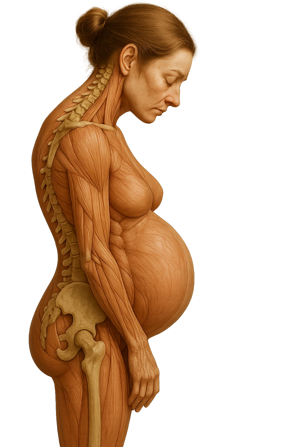 donna in gravidanza di profilo con spina dorsale in evidenza, postura storta, spalle chiuse in avanti, iperrealistica 4k emoji