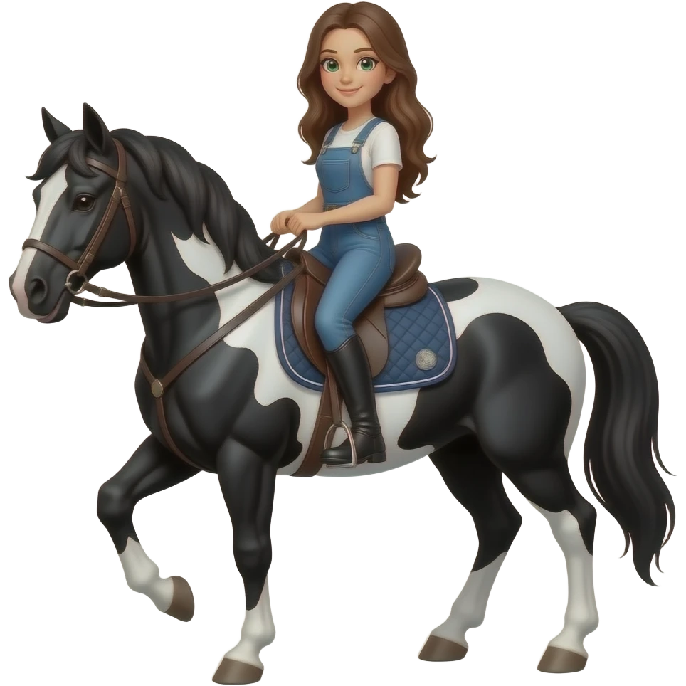 Брюнетка с зеленими глазами ездит верхом на большом чорно белом коне emoji