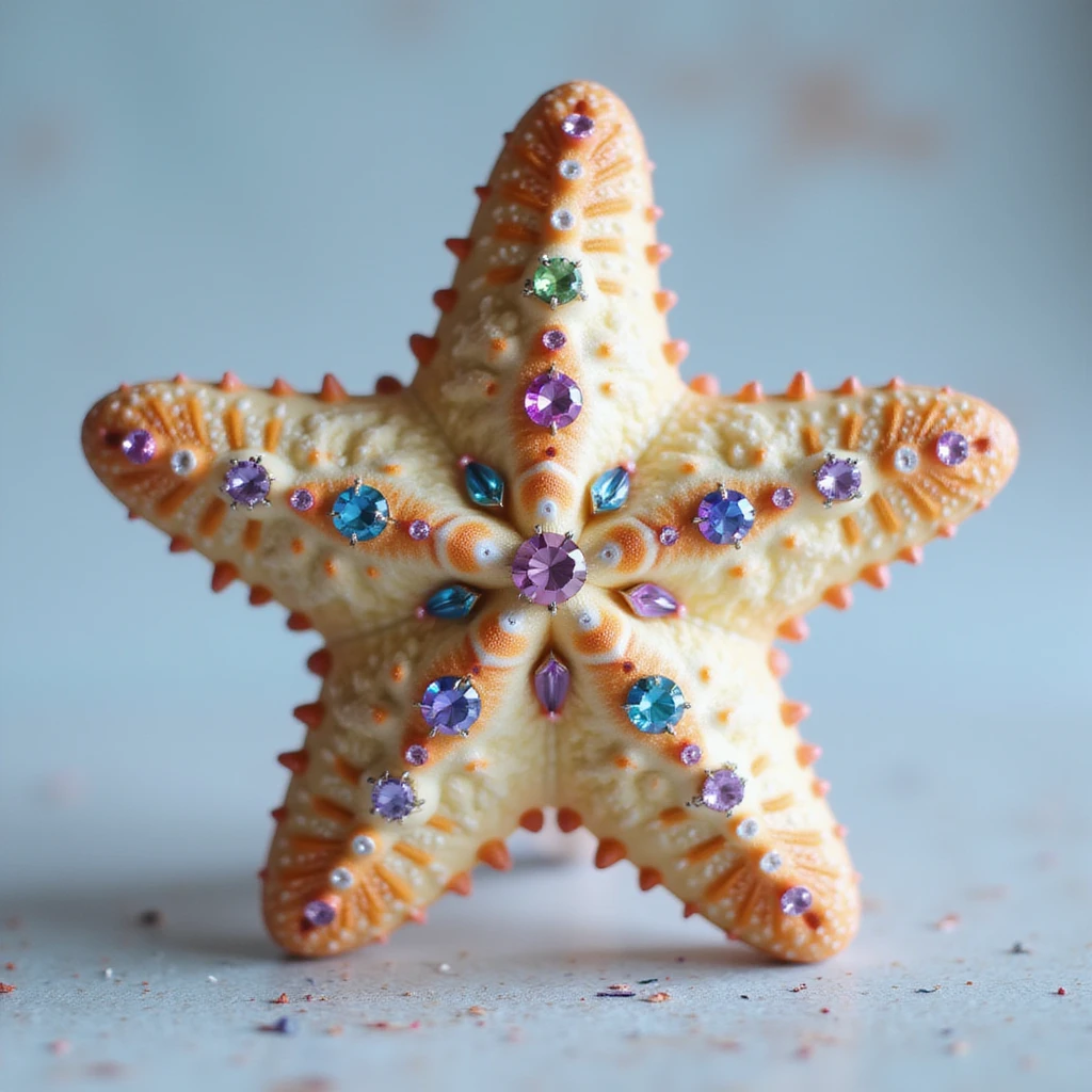 photorealistic sea star with pastel rainbow hues, decorated with rhinestones and glitter, soft lighting, natural texture, gentle cute expression emoji