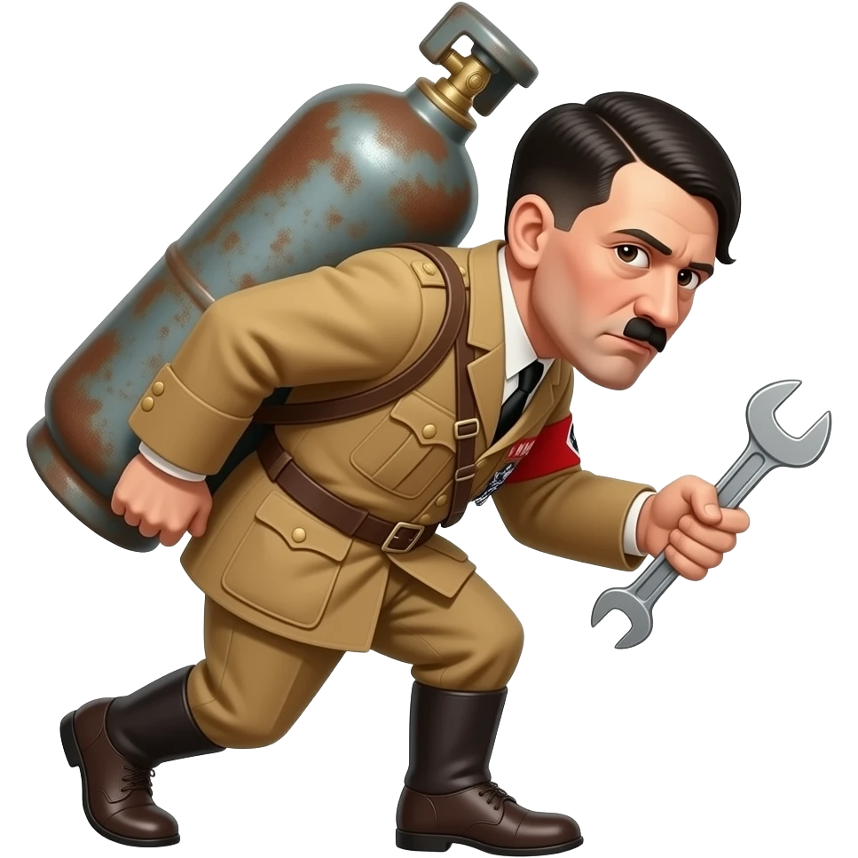 hitler carrying a rusty gas cylinder - the old school one we used to connect to ovens,normal height ones not the extra tall ones- on his back while leaning a little forward, holding the cylinder on his back with one hand, and holding a wrench on the other hand emoji