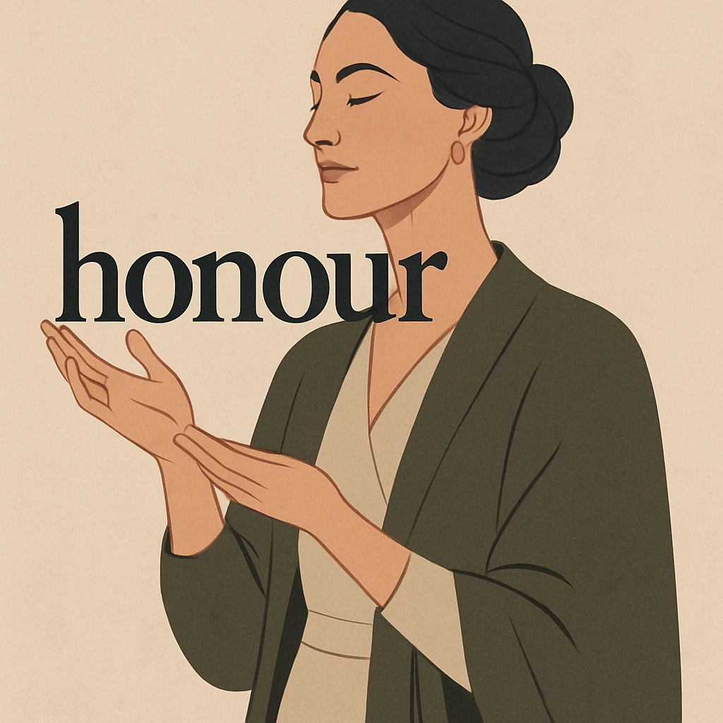 a dignified modern illustration of a woman holding the word 'honour' emoji