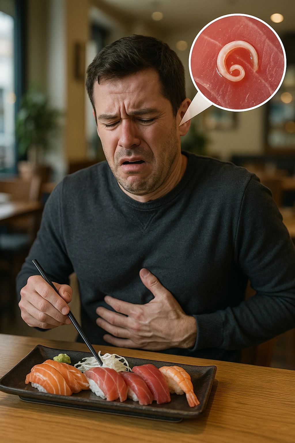 a man sits at a restaurant table, eating a plate of raw fish (such as sushi or sashimi). In a magnified inset, an Anisakis larva is visible inside a piece of fish. The man’s expression changes from enjoyment to sudden discomfort, holding his stomach with a pained look. The background is softly blurred, focusing on the man and the food. in italiano emoji