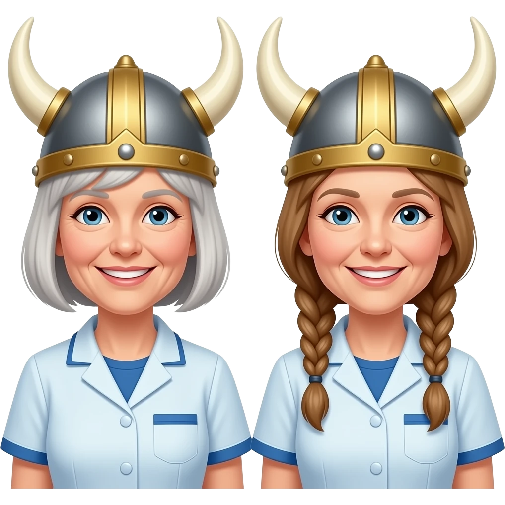 Viking helmet older woman braids and cropped hair nurse couple emoji