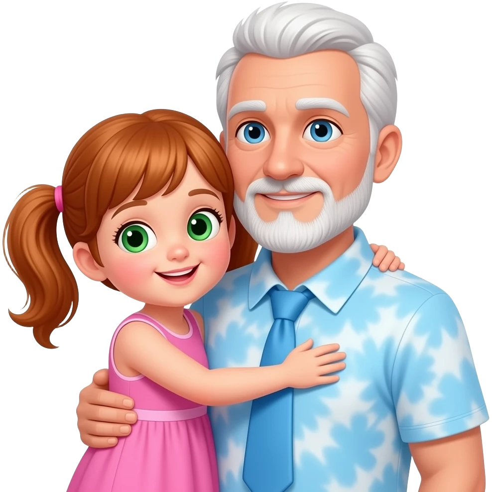 Auburn haired girl child with light green hazel eyes twin ponytails wearing an all pink sun dress hugging a light blue eyed balding adult father with side white fringe white eyebrows and white scruff style breard wearing a light blue tye dye polo shirt emoji