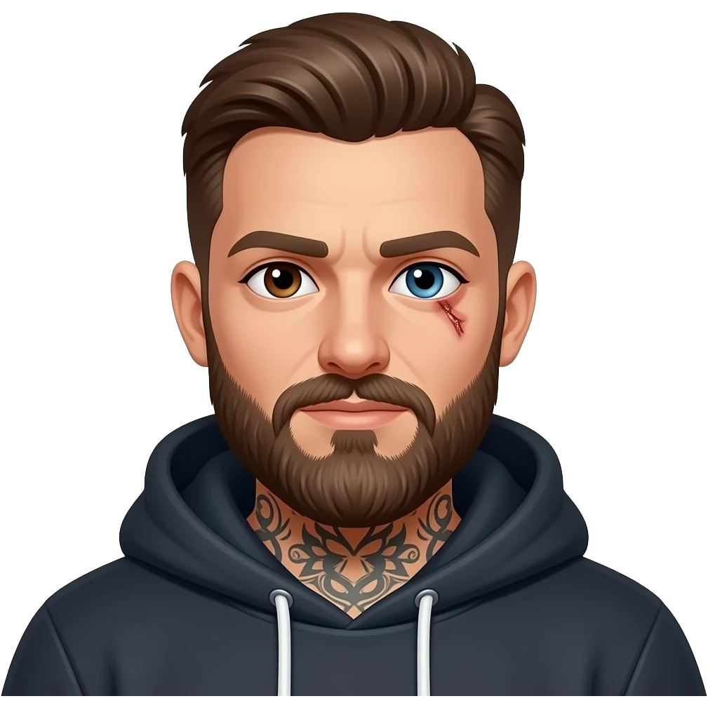 Guy, beard, tattoos, hoodie, left eye dark brown, right eye light blue, scar across the right eye emoji
