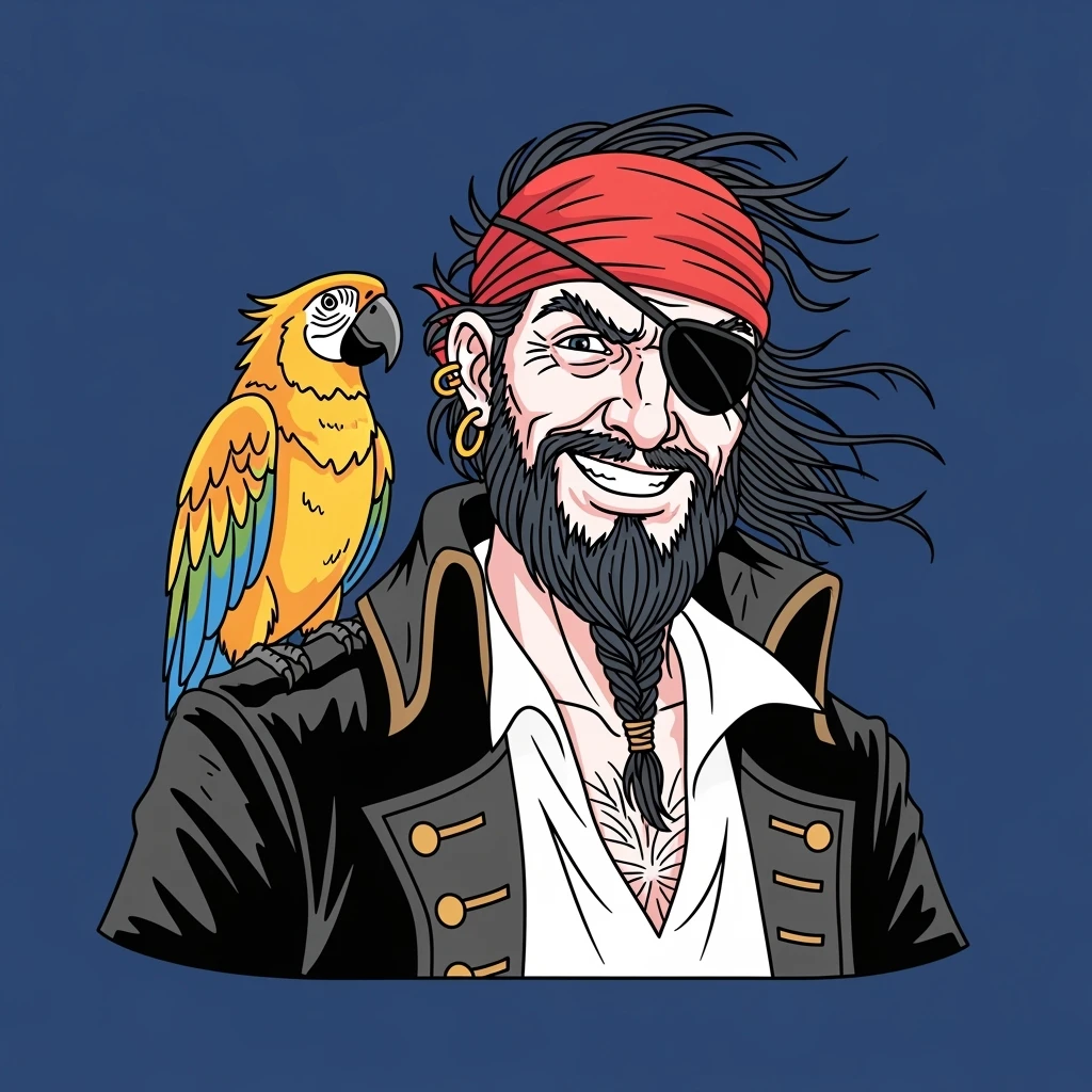 color vector art with thin outline of pirate with eye patch and parrot on shoulder emoji