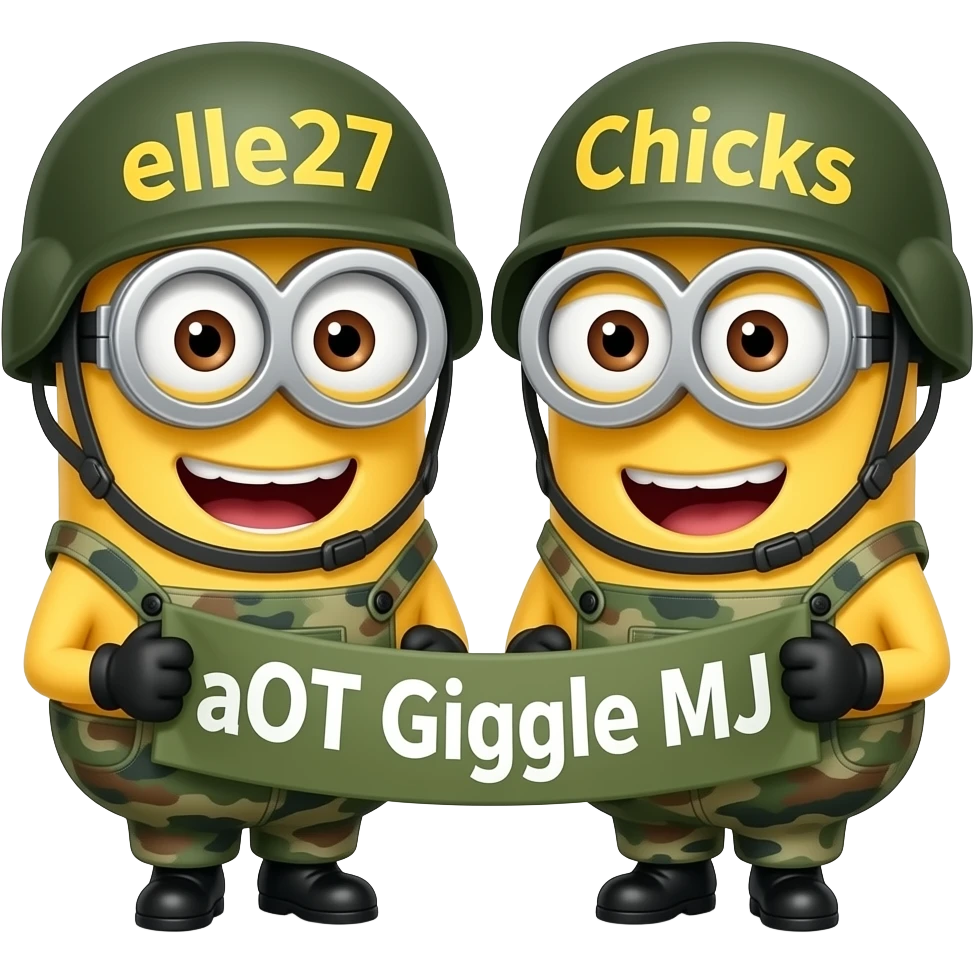 2 girl minions giggleing wearing army fatigues holding a banner text aOT Giggle MJ on 1 helmet elle27 on the other Chicks emoji