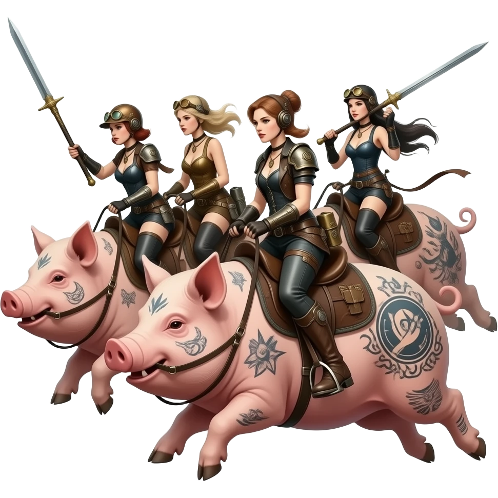 steampunk - four thin and pale female riders of the apocalypse ride leaping on large tattooed pigs in a messy composition emoji