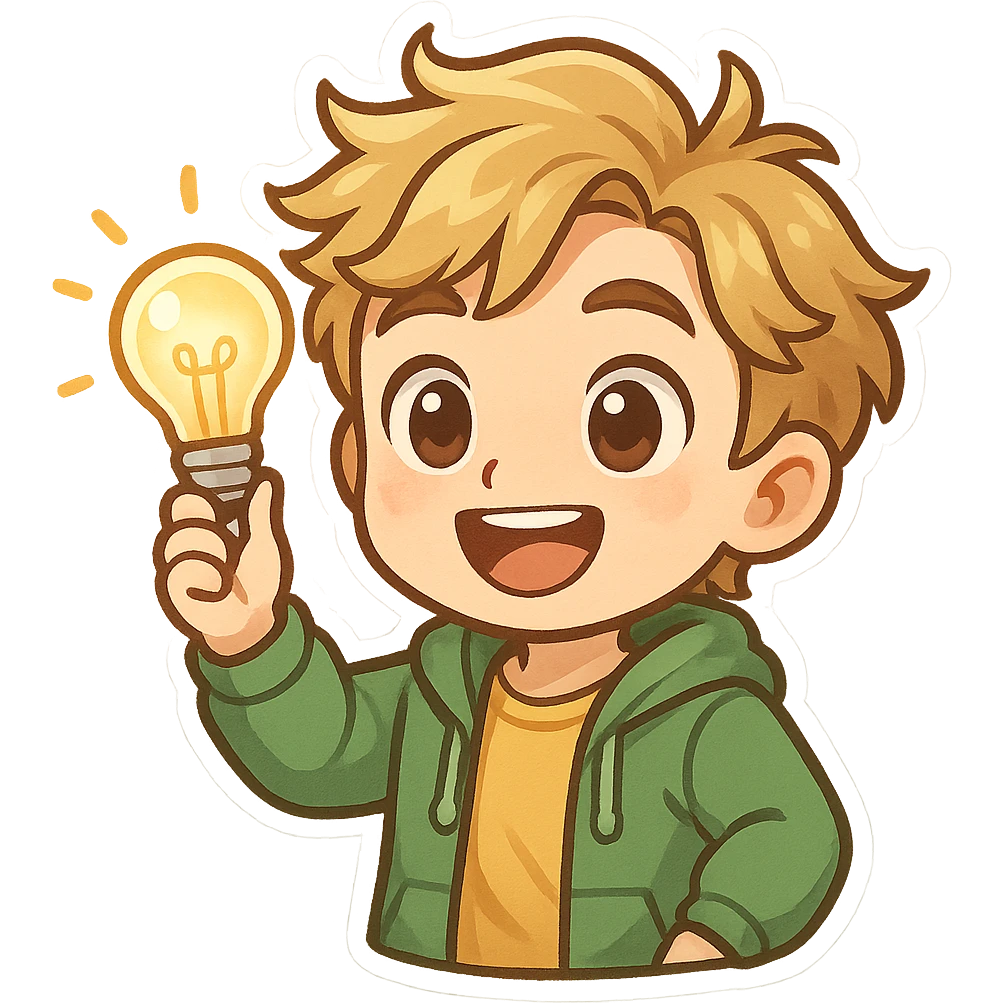 bright and expressive male visionary, fair skin, tousled golden hair, wide joyful eyes, wearing a green hoodie over a yellow tee, one hand raised with a glowing lightbulb, waist-up, front-facing emoji