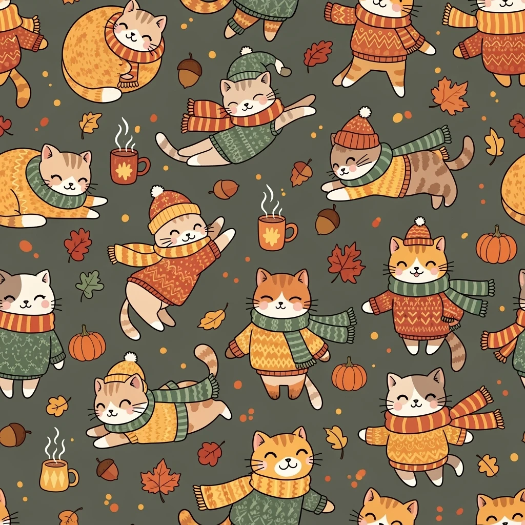 cute cats in scarves and sweaters, seamless pattern, autumn colors, warm and cozy vibe, playful cartoon style emoji