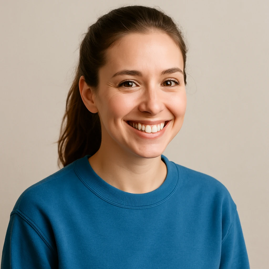 white female with brown hair in a ponytail, blue sweatshirt, smiling, simple background emoji