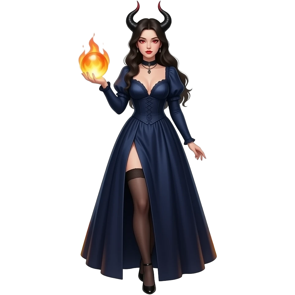 a seductive demonically beautiful woman in a long dark blue Victorian dress with a deep neckline holds a radiant globe in her hand and steps out of a circle of fire emoji
