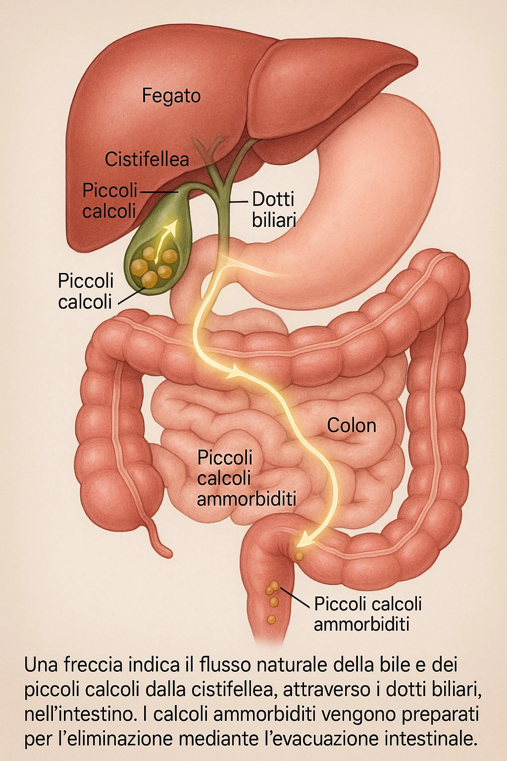 A realistic, educational medical illustration showing the human digestive tract focusing on the liver, gallbladder, bile ducts, and intestines. The gallbladder is depicted with small gallstones inside. A soft glowing arrow indicates the flow of bile and small stones moving naturally from the gallbladder through the bile ducts into the intestines. In the colon, small softened gallstones are shown being prepared for elimination, symbolizing their removal through bowel movements. The style is clean, precise, and clear with soft anatomical colors (greens, soft reds, and yellows) and faint glowing arrows to illustrate the process. The background is a subtle neutral gradient to keep the focus on the organs and the pathway. The image conveys the concept of natural gallstone elimination through the intestines via the stool in a clear, non-graphic, and educational way in italiano emoji