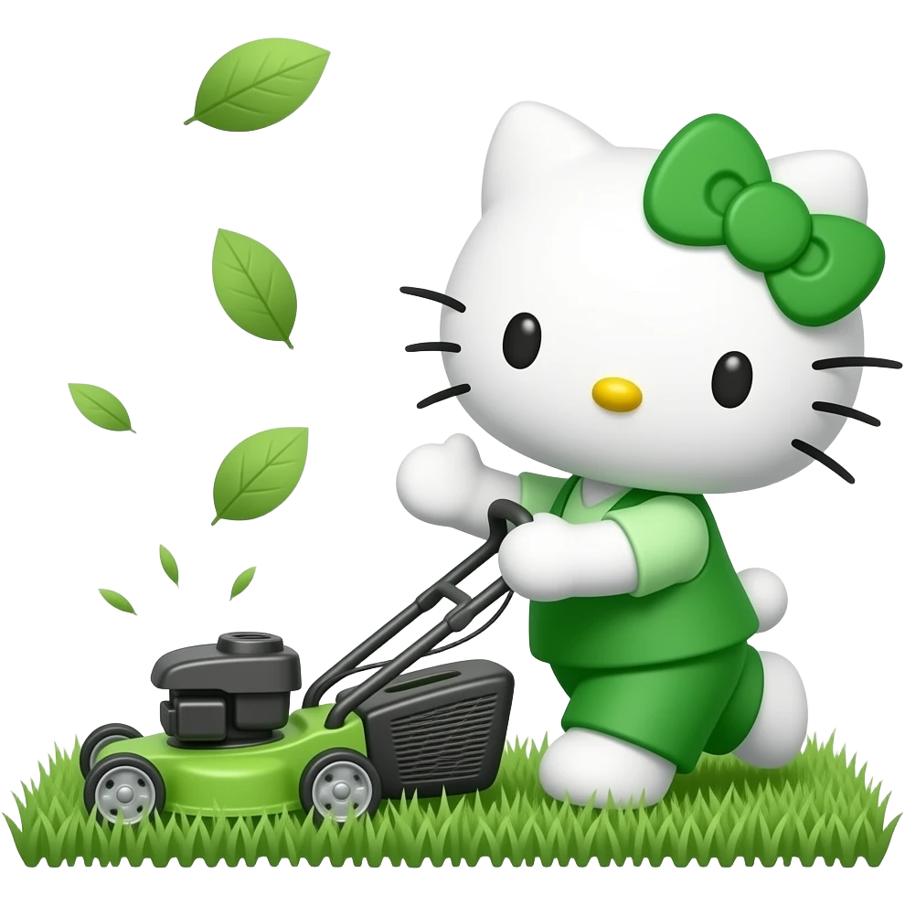 A green and white Hello Kitty is mowing the lawn with a lawnmower and throwing up while doing so emoji
