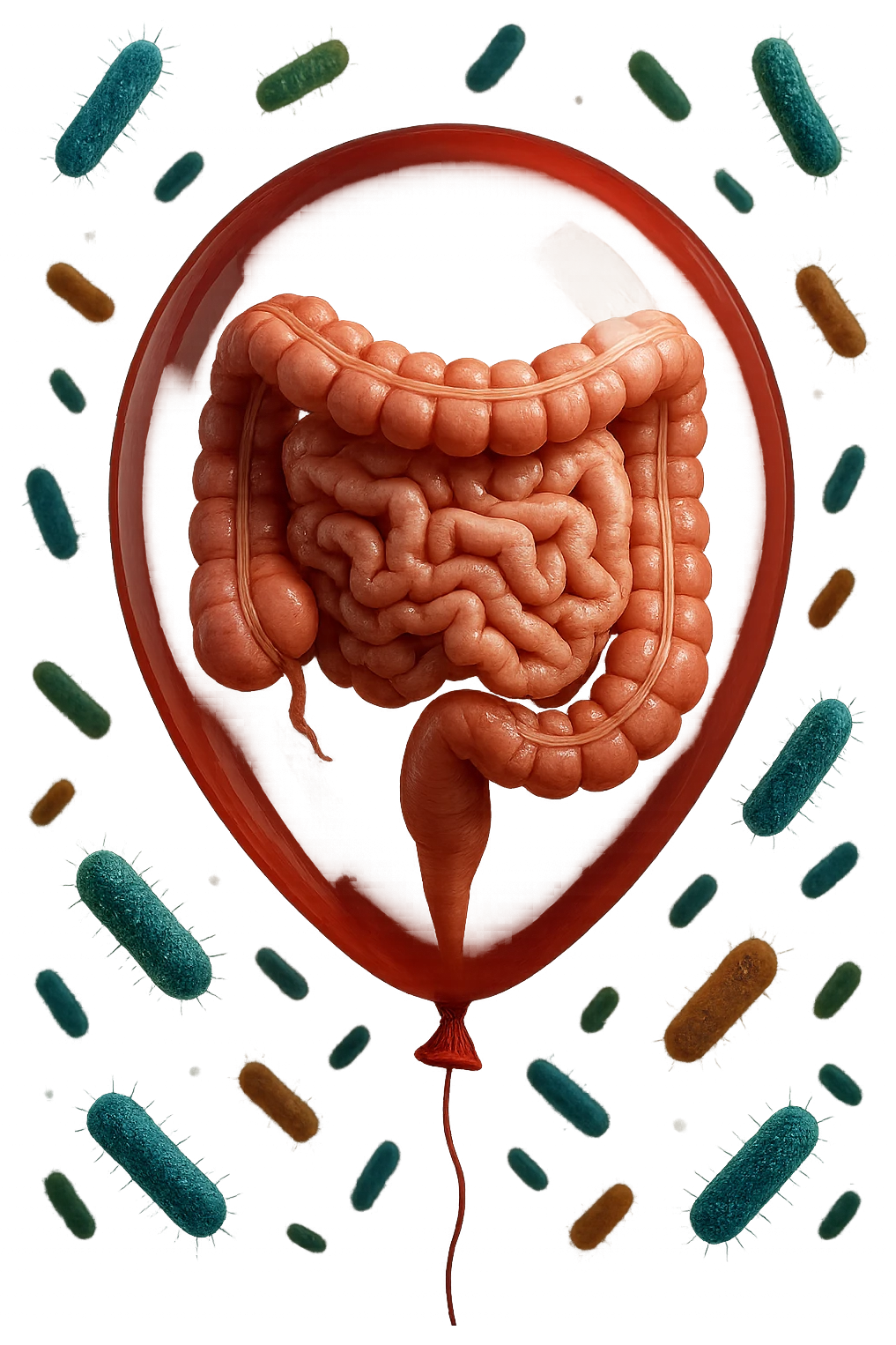 intestino umano anatomico chiuso in un palloncino rosso con batteri intestinali che fluttuano intorno, iperrealistico 4k emoji